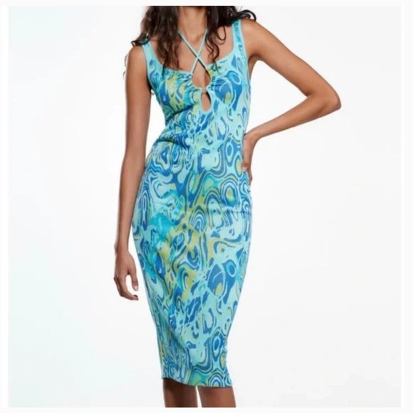 ZARA RETRO LAVA PRINTED STRETCH BANDAGE KNIT JACQUARD MIDI DRESS - Picture 8 of 11